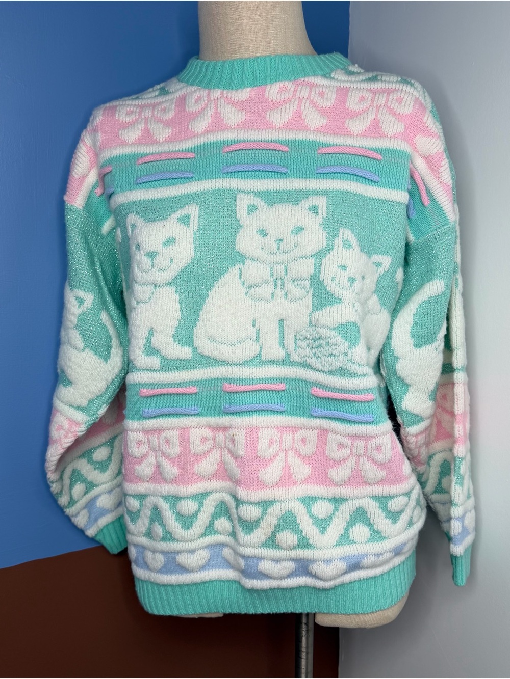 VTG 80s Rose Kitty Cat Sparkle Knit Sweater Kawaii Pastel‎ Vapor Wave Fairy